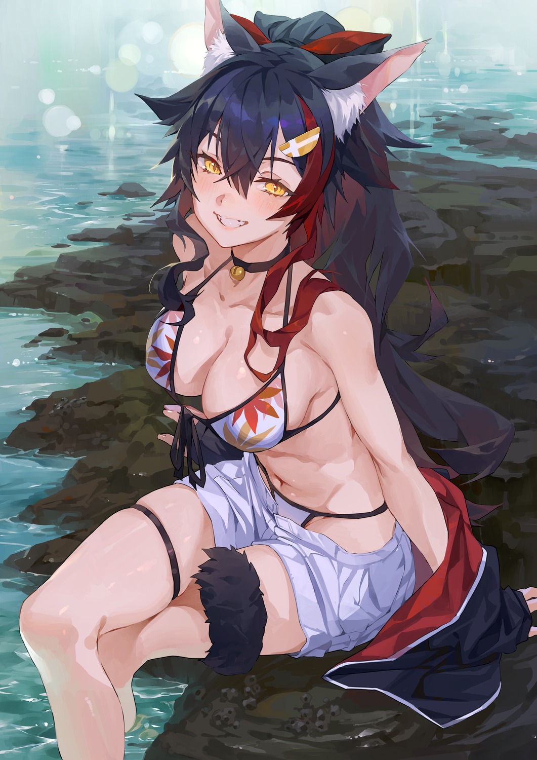 animal_ears bikini garter hololive hololive_gamers hong ookami_mio open_shirt swimsuits tail wet