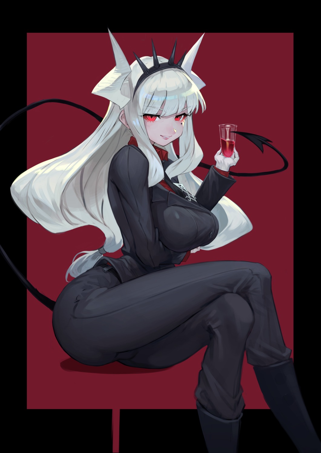 breast_hold business_suit helltaker horns lucifer_(helltaker) moco_(moco_28) tail