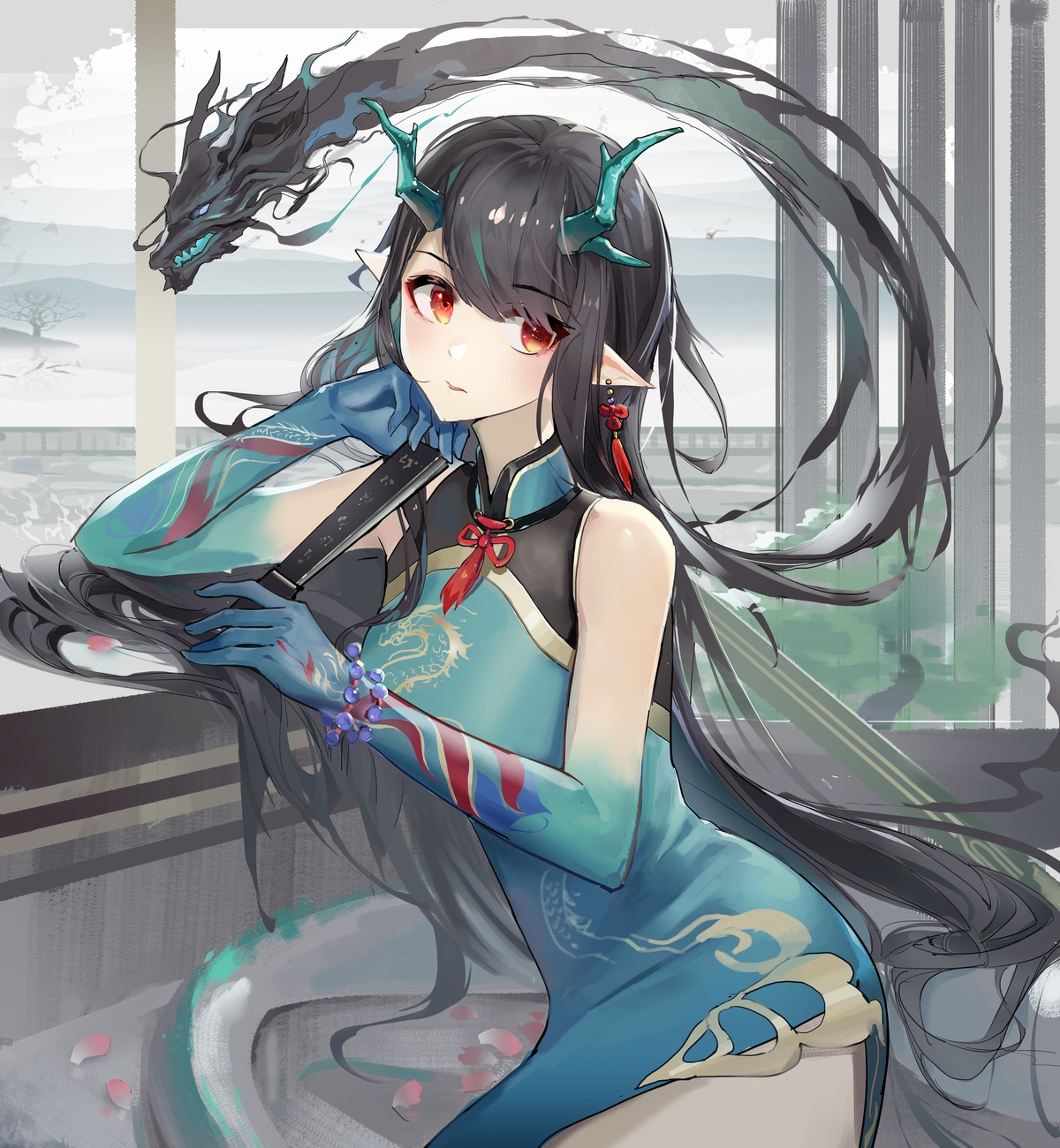 arknights chinadress dusk_(arknights) horns mtzgd pointy_ears tail tattoo