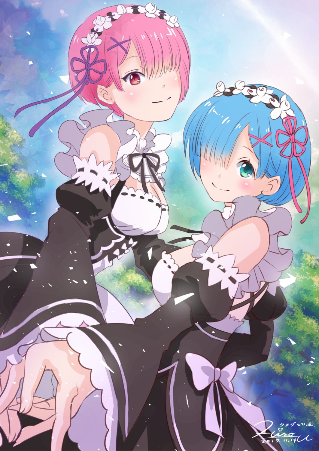 cleavage hiro_usuda maid ram_(re_zero) re_zero_kara_hajimeru_isekai_seikatsu rem_(re_zero)