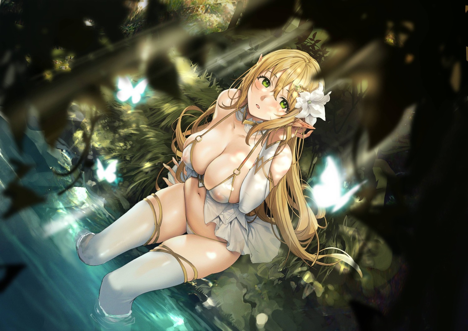 bra elf hiyashi_mirano nipples pointy_ears see_through thighhighs thong wet