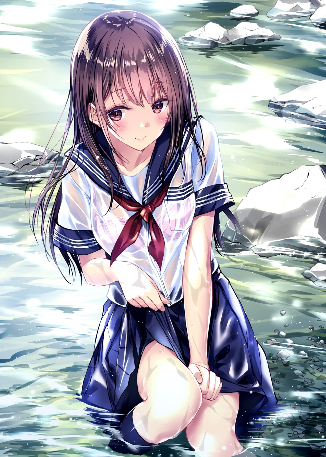bra kobayashi_chisato see_through seifuku skirt_lift wet wet_clothes