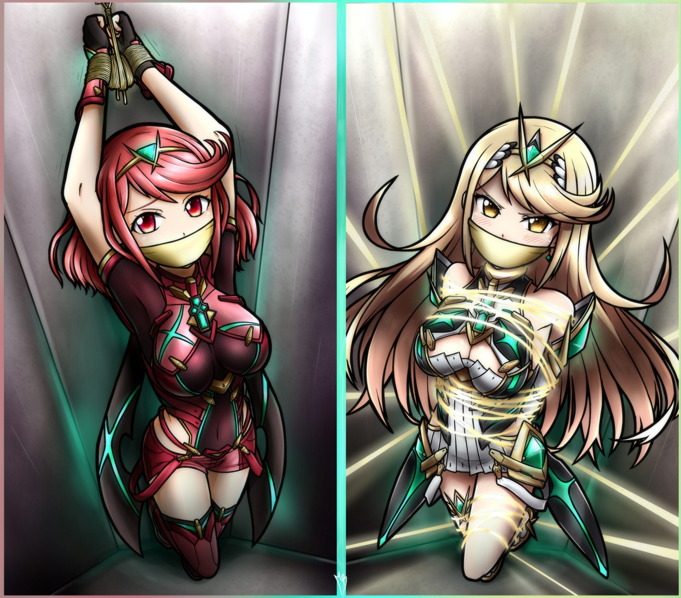 armor bondage cleavage dress garter hikari_(xenoblade_2) homura_(xenoblade_2) magnolia_ducky thighhighs xenoblade xenoblade_chronicles_2