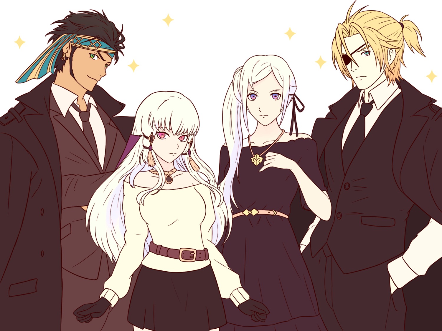 business_suit claude_(fire_emblem) dimitri_alexandre_blaiddyd dress edelgard_von_hresvelg eyepatch fire_emblem fire_emblem_heroes fire_emblem_three_houses lysithea_von_ordelia sweater truejekart