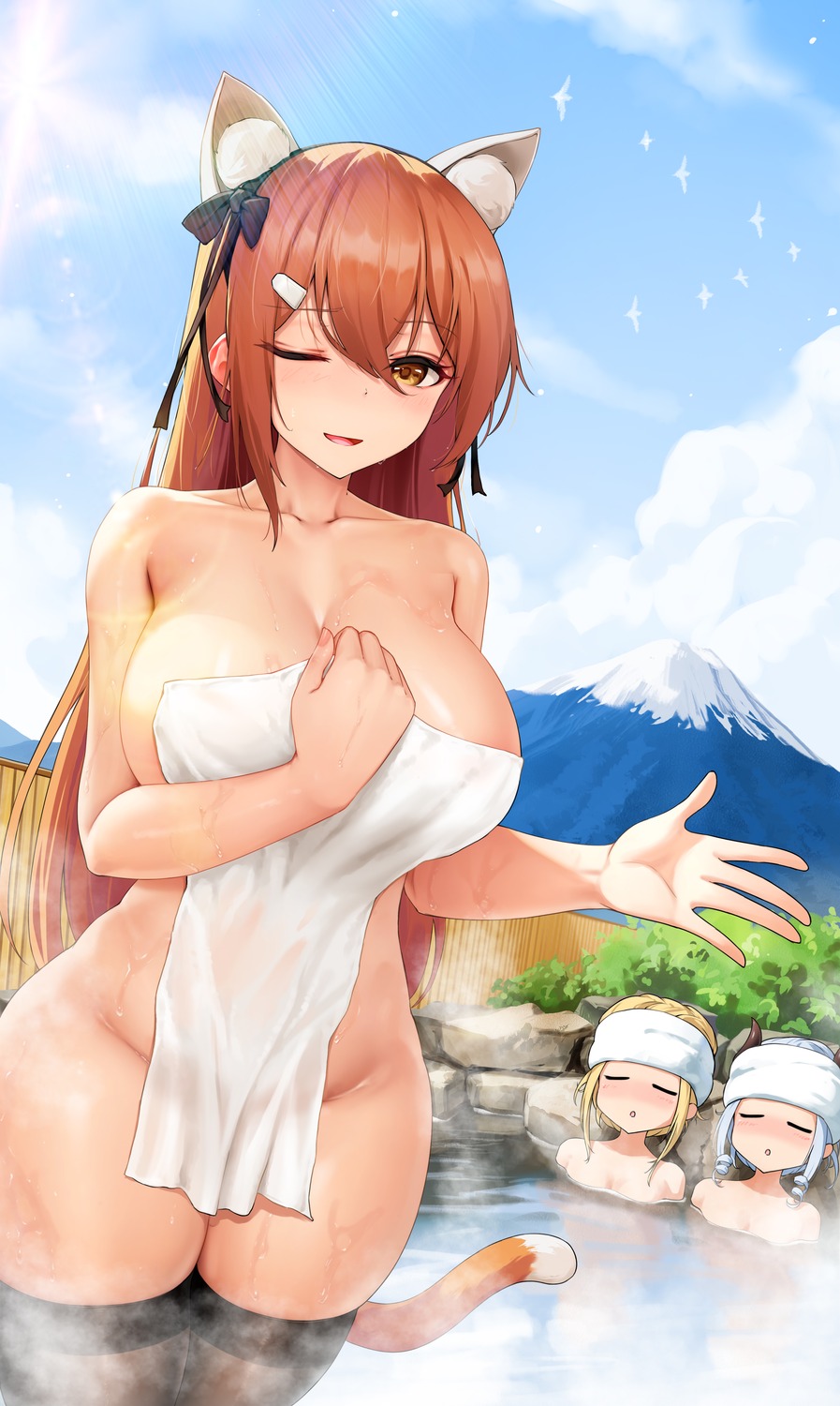 animal_ears horns kurohanya naked nekomimi niliu_chahui onsen shione tail thighhighs tokisaki_asaba towel wet