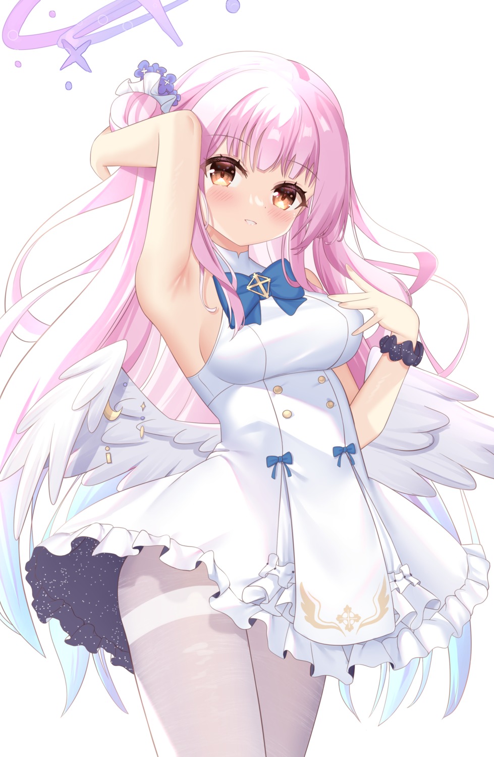 angel blue_archive dress hiyada_yuu misono_mika no_bra pantyhose skirt_lift wings