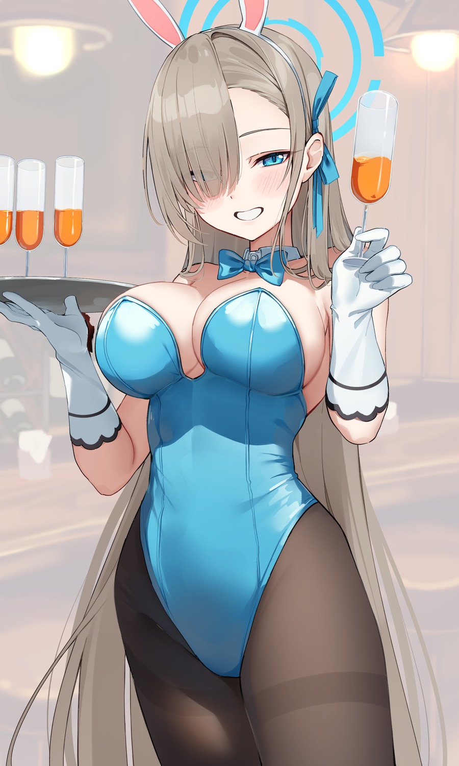 animal_ears auui blue_archive bunny_ears bunny_girl halo ichinose_asuna no_bra pantyhose waitress