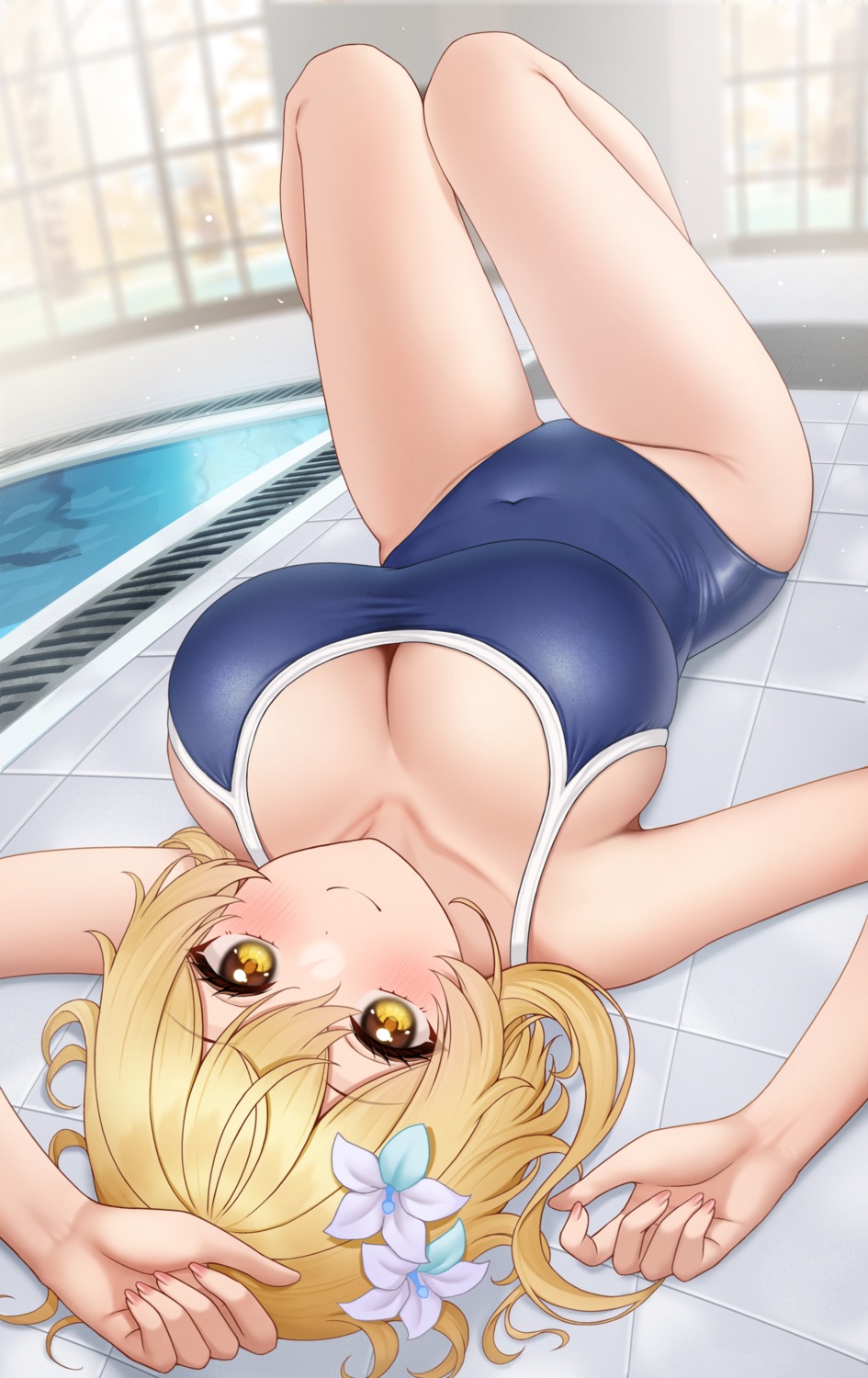 cleavage fukuro_ko_(greentea) genshin_impact lumine school_swimsuit swimsuits