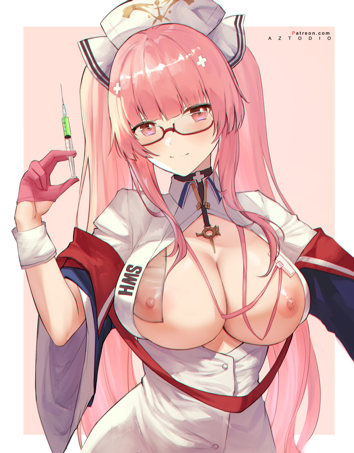 azto_dio azur_lane breasts megane nipples no_bra nurse open_shirt perseus_(azur_lane) see_through