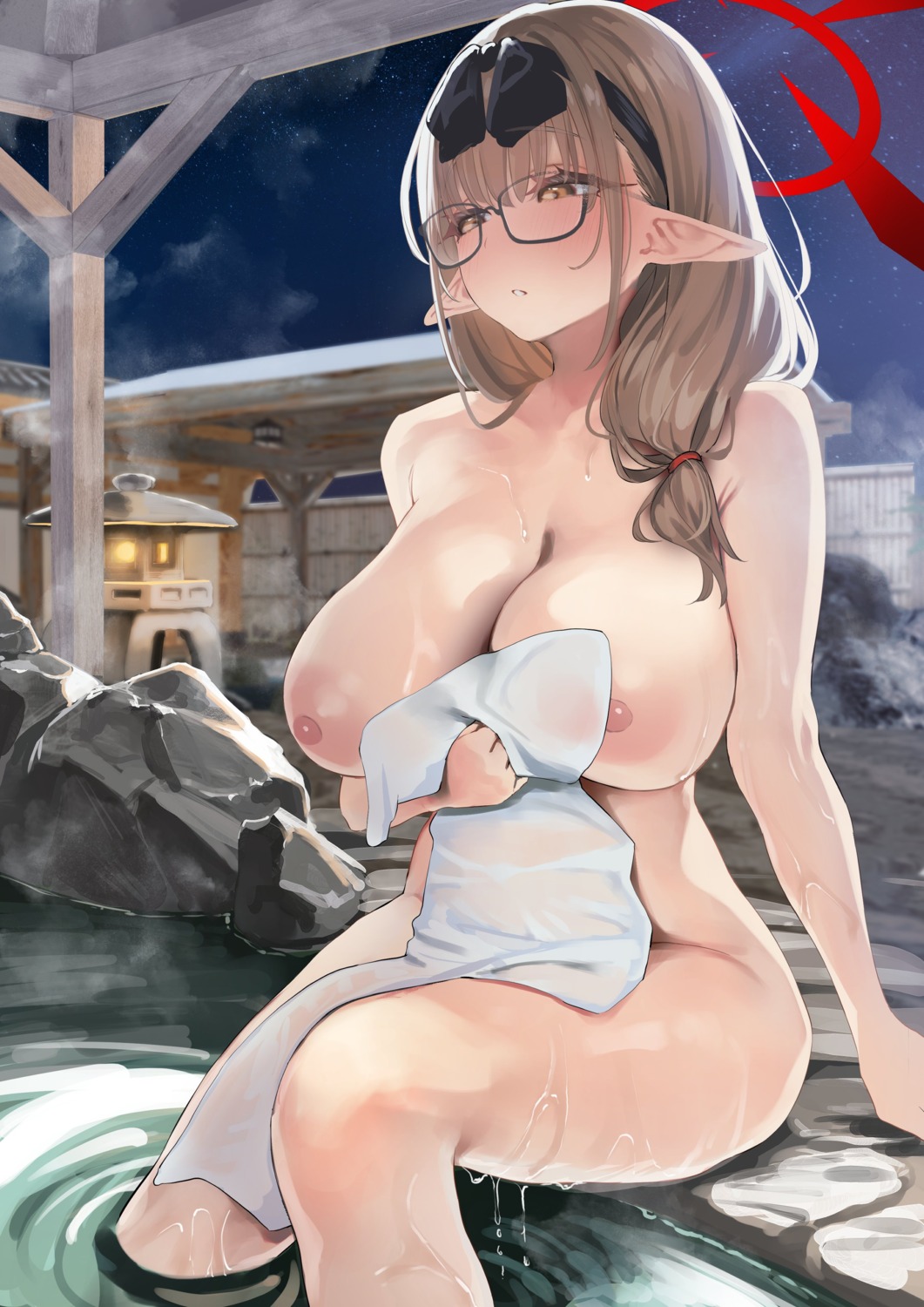 blue_archive breast_hold halo hinomiya_chinatsu kawaraya_koh megane naked nipples onsen pointy_ears see_through towel wet