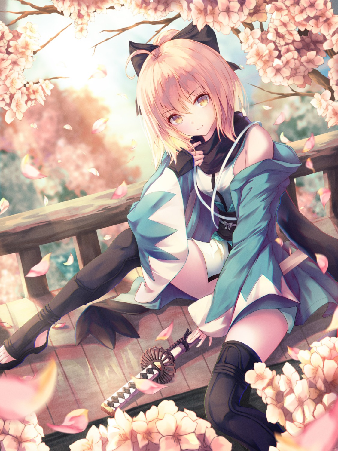 fate/grand_order h2o_(dfo) japanese_clothes okita_souji_(fate) sword thighhighs