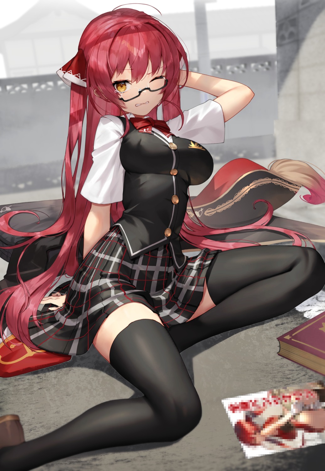 censored hololive houshou_marine megane scottie seifuku skirt_lift thighhighs