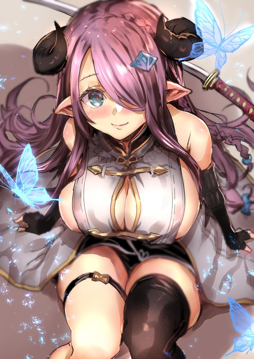 akechi_shizuku garter granblue_fantasy horns narumeia_(granblue_fantasy) no_bra pointy_ears sword thighhighs