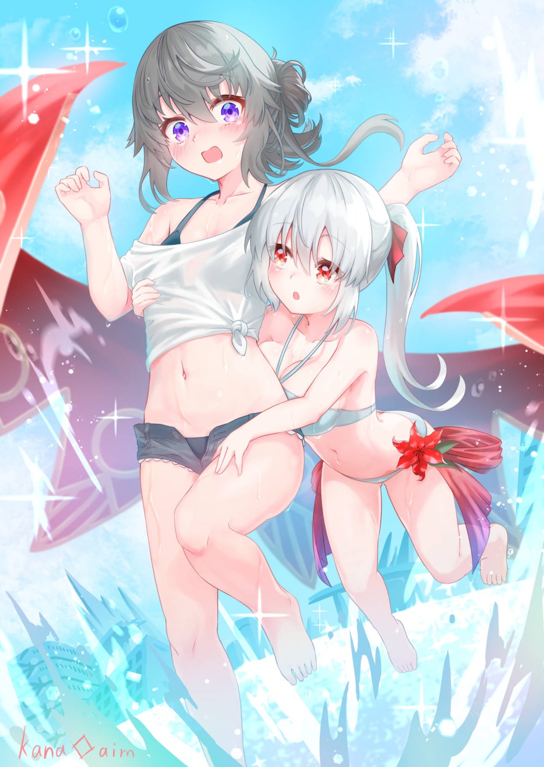 bikini kana_ami see_through shirt_lift swimsuits wet wet_clothes yuri