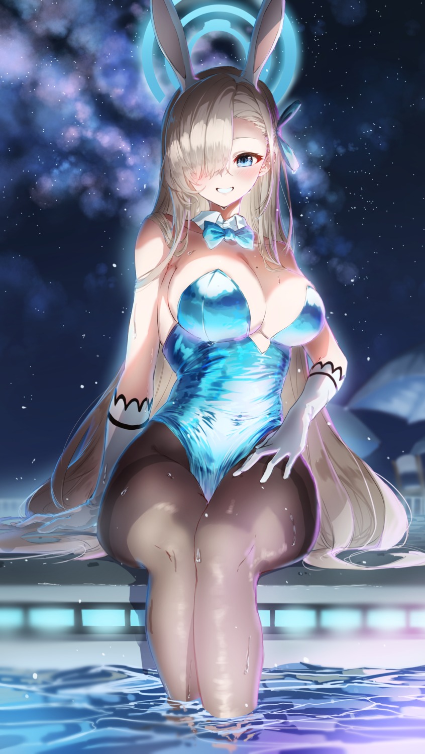 animal_ears blue_archive bunny_ears bunny_girl dentaku_music halo ichinose_asuna no_bra pantyhose wet