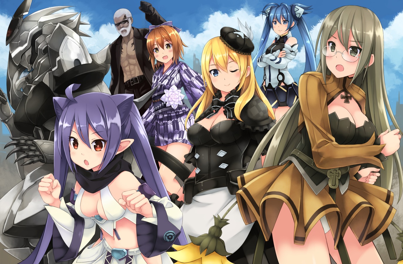 animal_ears cleavage dress kouno_hikaru mecha megane nekomimi pantsu phantasy_star_online_2 pointy_ears yukata