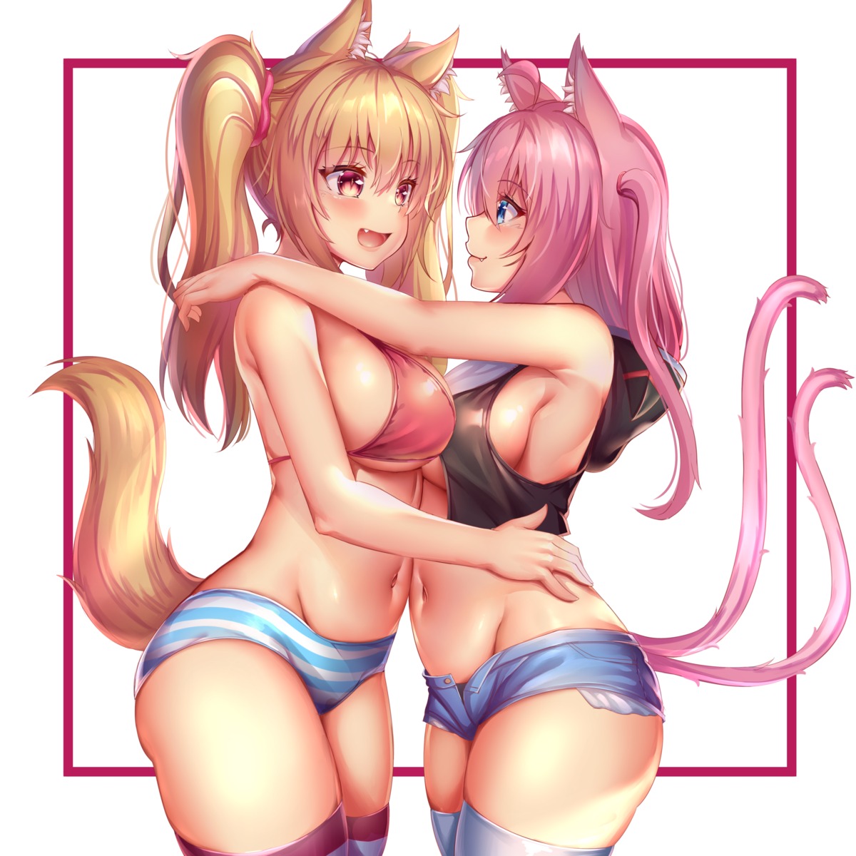 animal_ears fast-runner-2024 kaptivate nekomimi no_bra pantsu shimapan symmetrical_docking tail thighhighs yuri