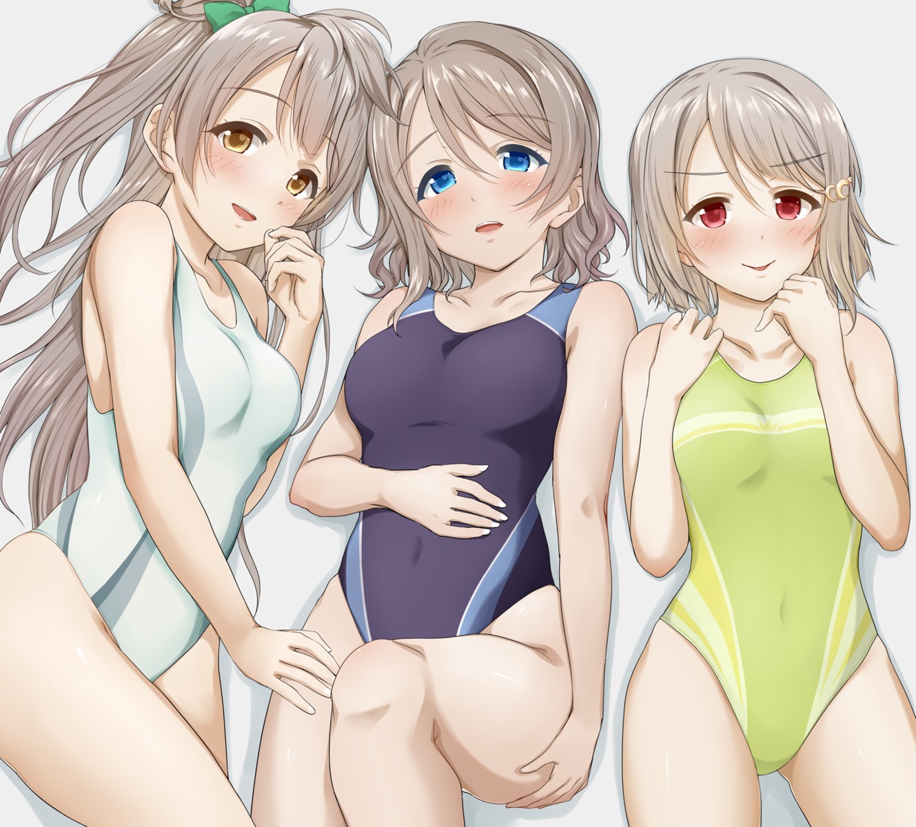 breast_hold crossover love_live! love_live!_nijigasaki_high_school_idol_club love_live!_sunshine!! minami_kotori nakasu_kasumi suzume_miku swimsuits watanabe_you