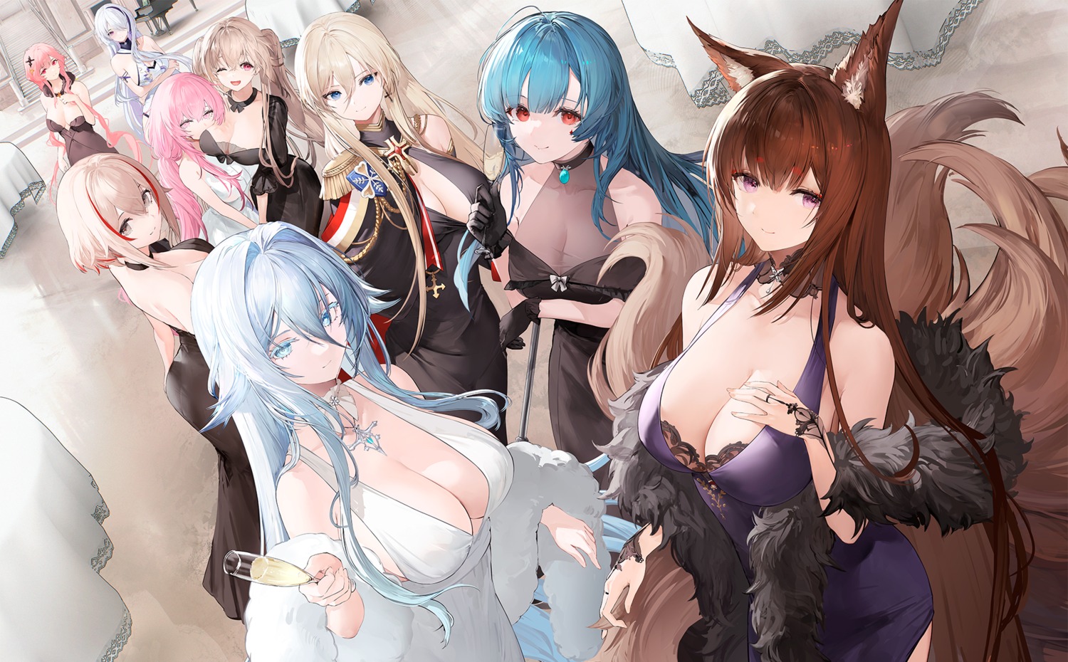 amagi_(azur_lane) an_yasuri anchorage_(azur_lane) animal_ears azur_lane bismarck_(azur_lane) clemenceau_(azur_lane) dress kitsune marco_polo_(azur_lane) no_bra perseus_(azur_lane) roon_(azur_lane) see_through sovetsky_soyuz_(azur_lane) tail unzen_(azur_lane)