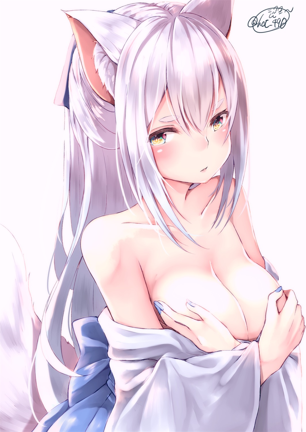 animal_ears breast_hold chita_(ketchup) cleavage no_bra open_shirt tail