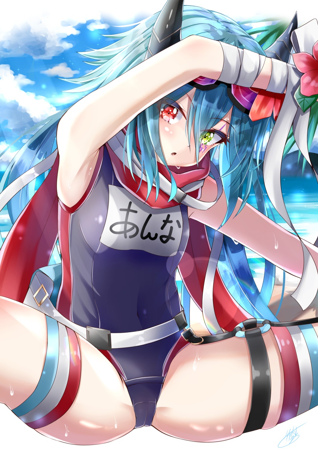 bandages cameltoe garter heterochromia horns princess_connect! princess_connect!_re:dive school_swimsuit swimsuits takemura_kou