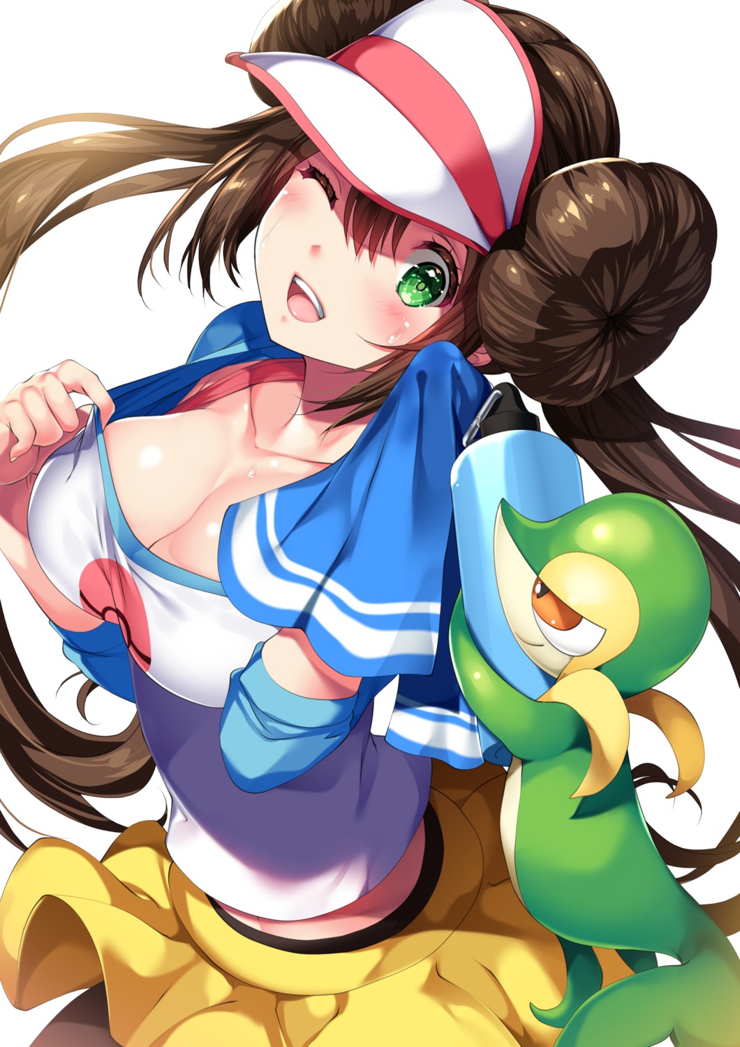 cleavage mei_(pokemon) no_bra pantyhose pokemon pokemon_b2w2 skirt_lift tamiya_akito