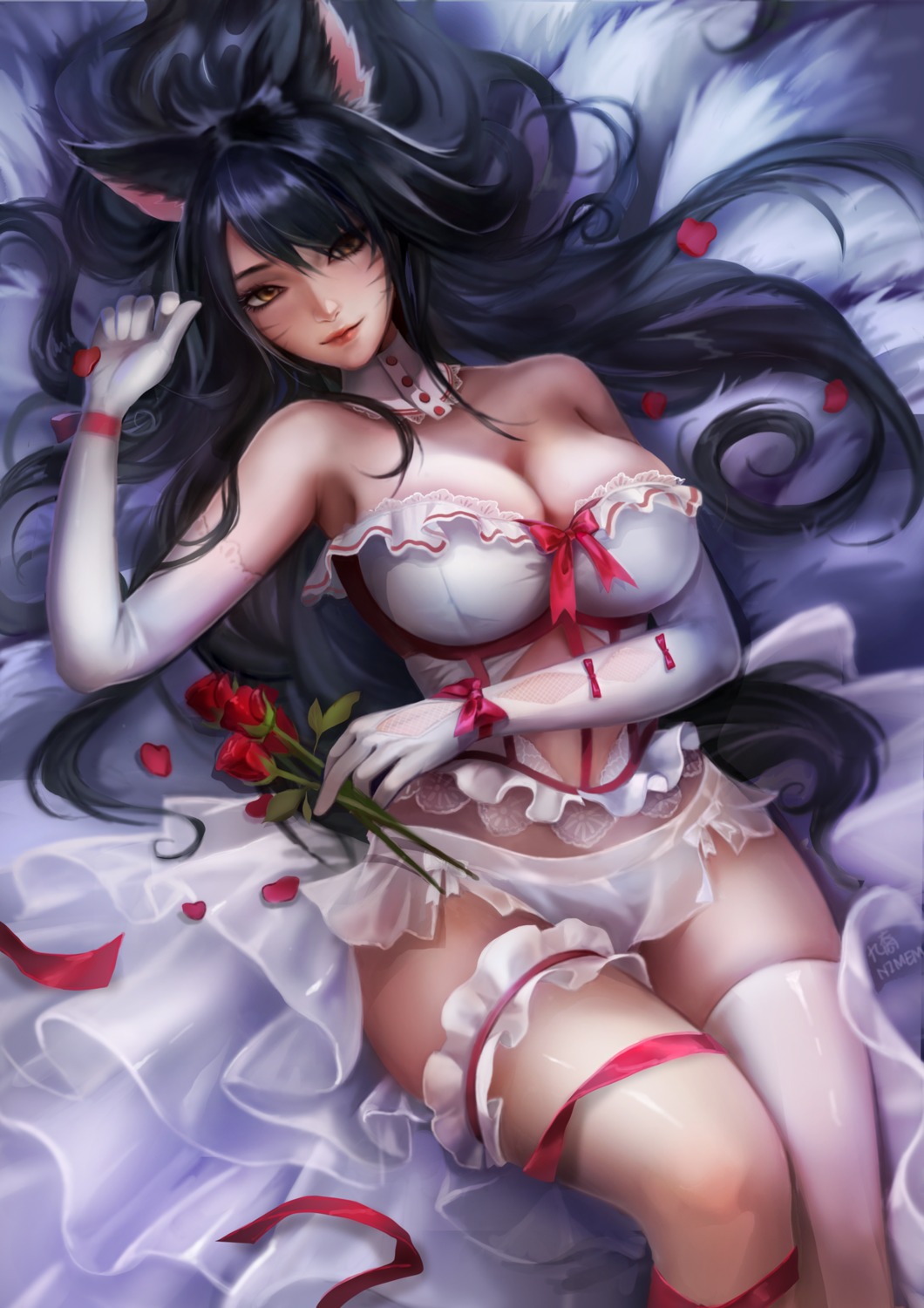 ahri cleavage garter kitsune league_of_legends lingerie ninem pantsu see_through tail thighhighs