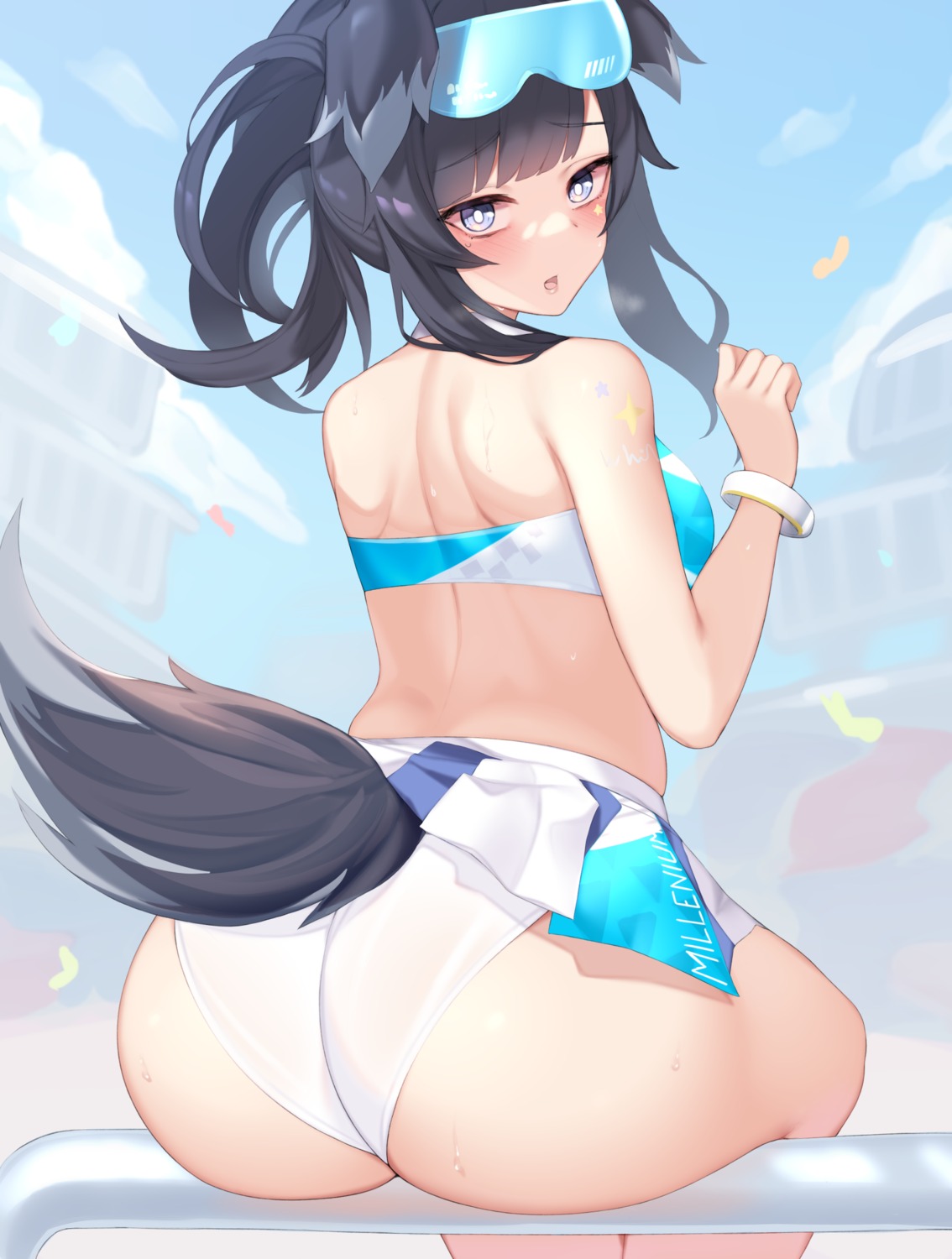 animal_ears ass blue_archive inumimi kuavera nekozuka_hibiki pantsu see_through skirt_lift tail thong