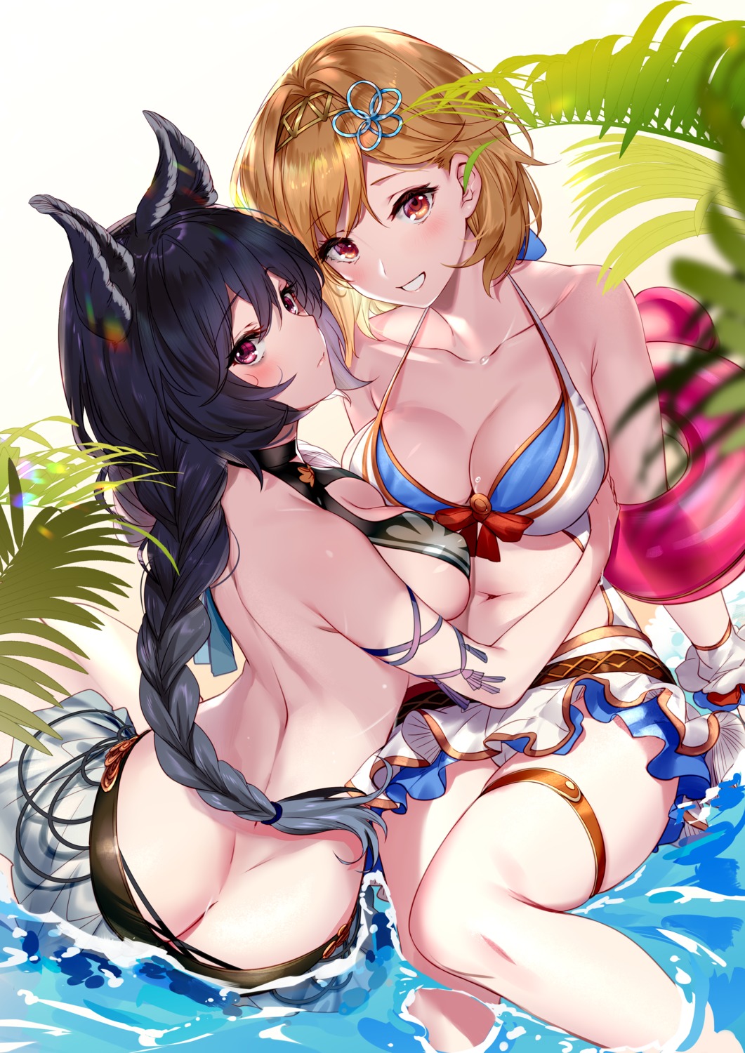 aki663 animal_ears ass cameltoe djeeta_(granblue_fantasy) erect_nipples garter granblue_fantasy nier_(granblue_fantasy) see_through skirt_lift swimsuits symmetrical_docking wet