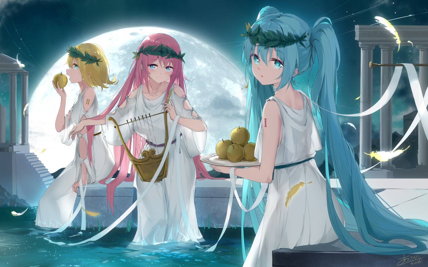 asahi_kuroi dress hatsune_miku kagamine_rin megurine_luka tattoo vocaloid wet