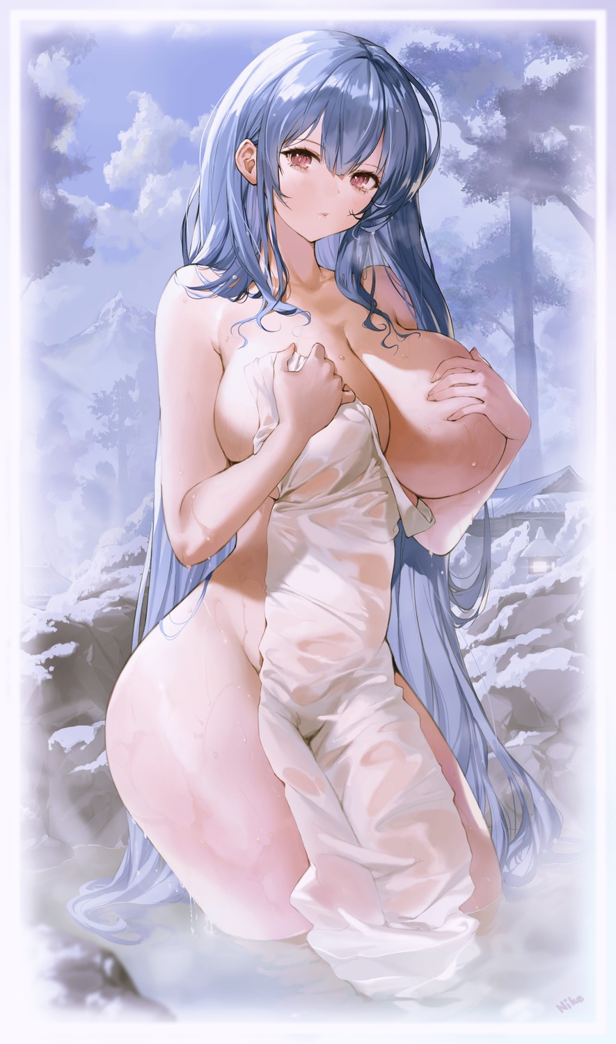 azur_lane breast_hold naked nike_(nike1060) onsen see_through towel voroshilov_(azur_lane) wardrobe_malfunction wet