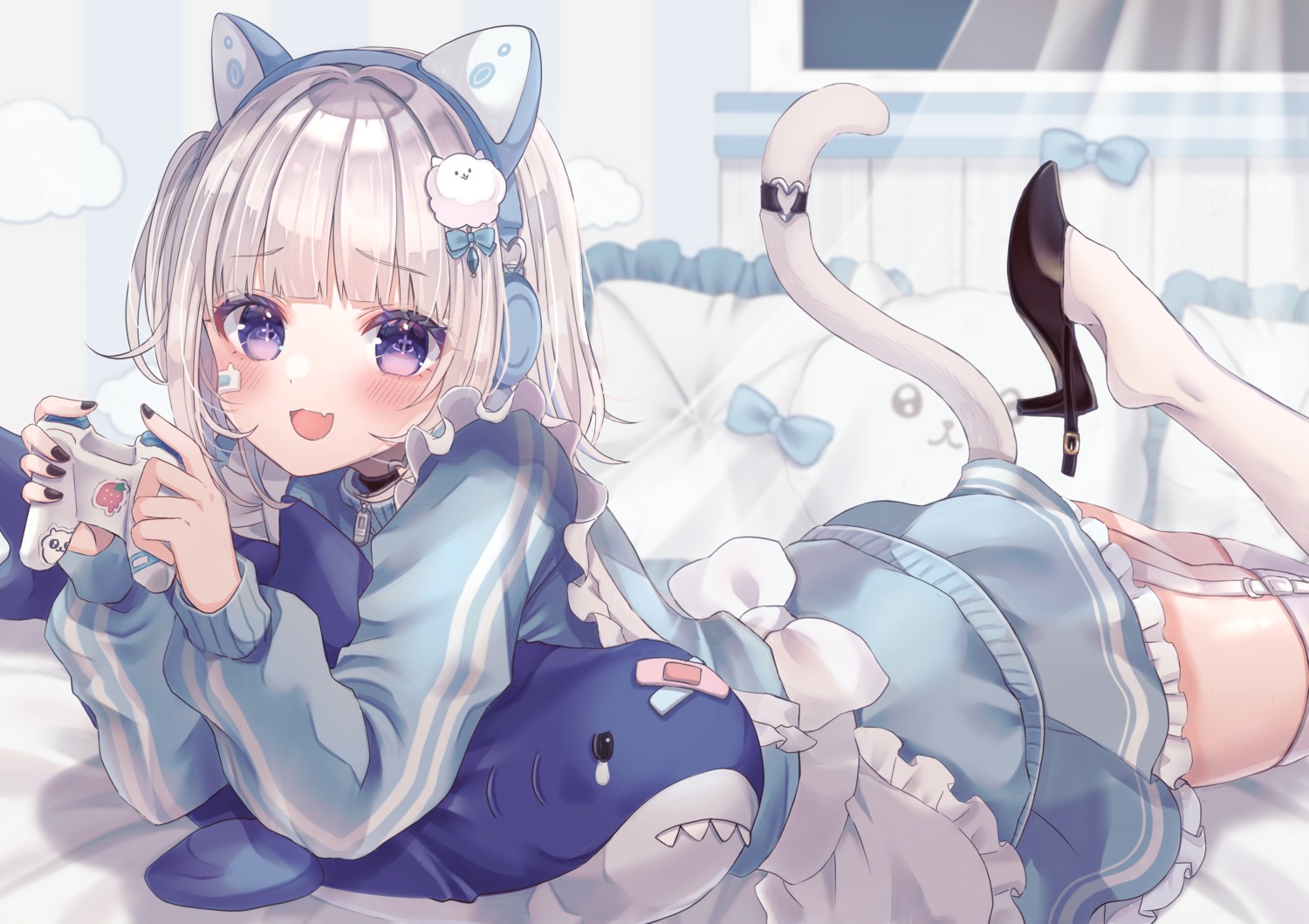 animal_ears bandaid botamochi headphones heels indie_virtual_youtuber mutsuki_mashiro nekomimi stockings tail thighhighs