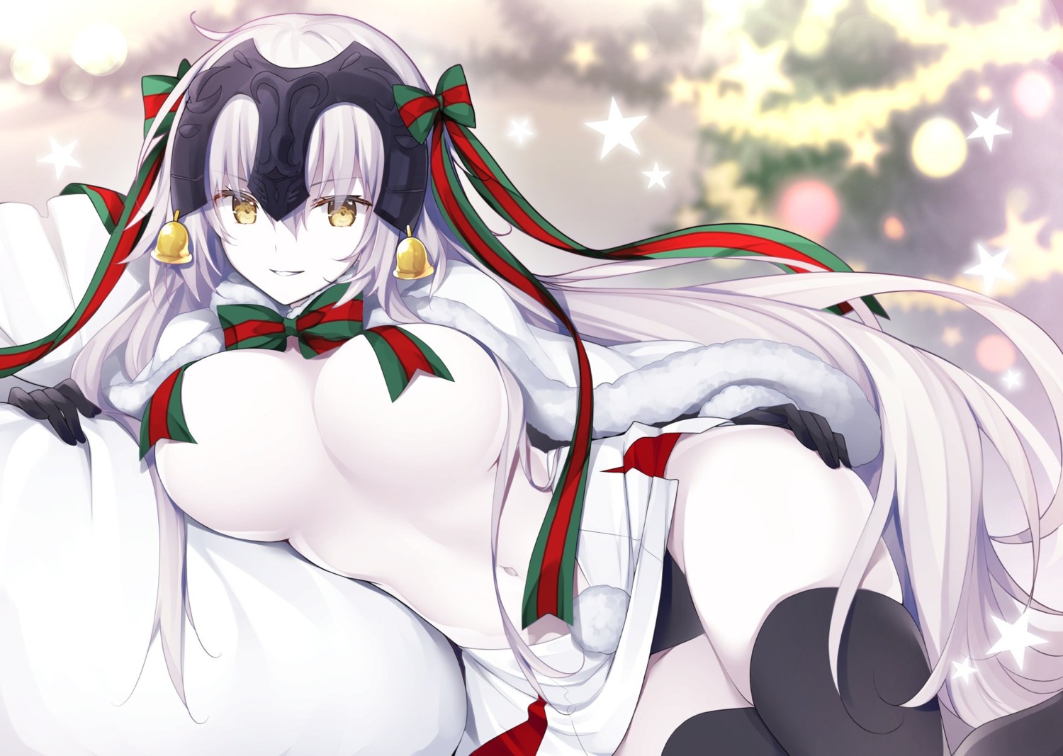 breasts christmas cosplay fate/grand_order jeanne_d'arc jeanne_d'arc_(alter)_(fate) jeanne_d'arc_alter_santa_lily miko_92 no_bra open_shirt pantsu skirt_lift thighhighs underboob