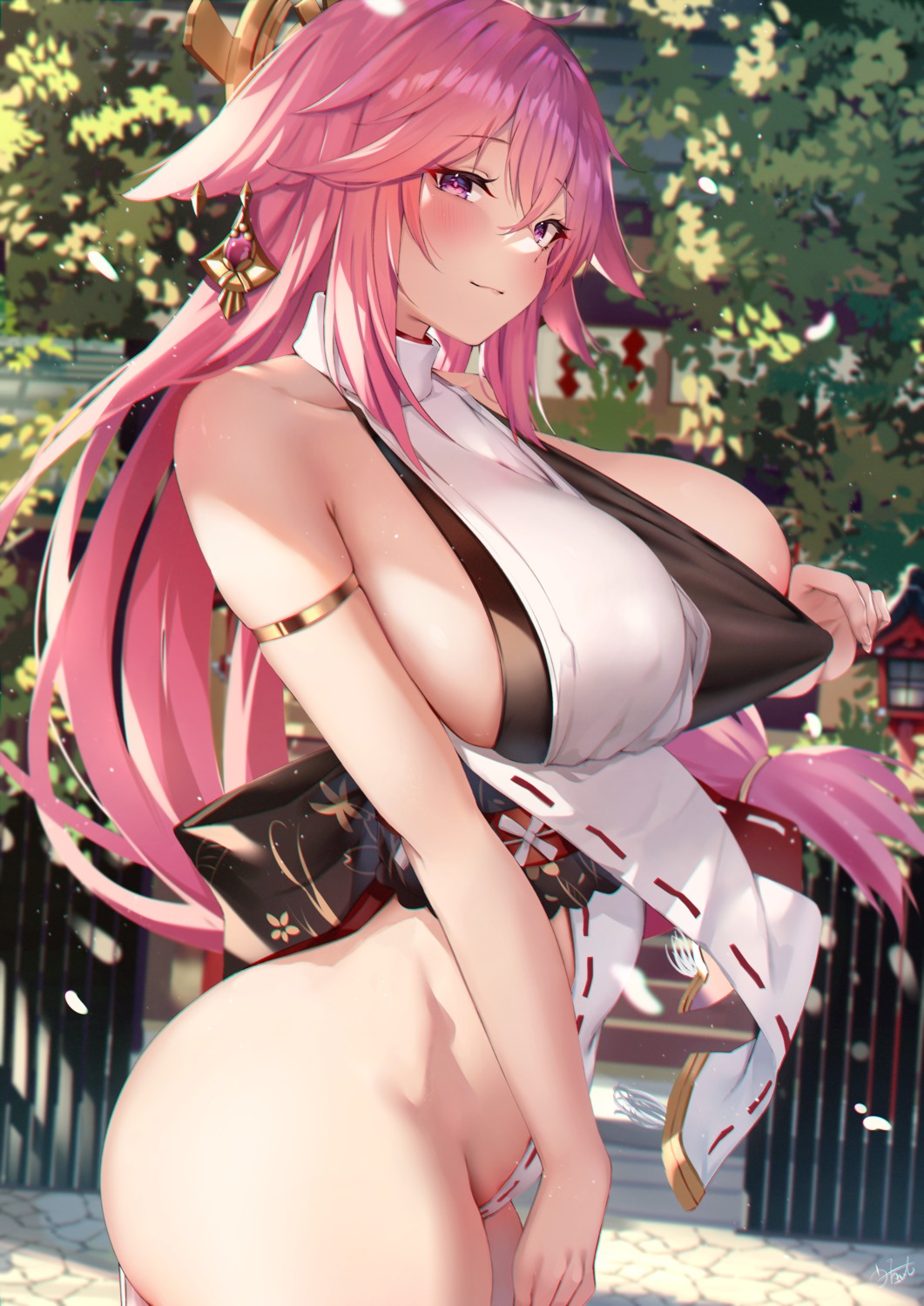 animal_ears areola genshin_impact japanese_clothes no_bra nopan u_ronnta undressing yae_miko