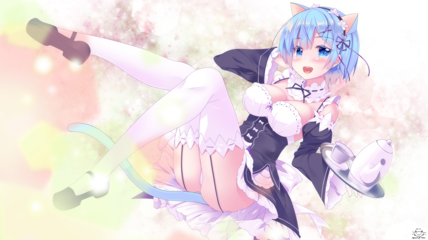 animal_ears maid natsumiya_yuzu nekomimi pantsu re_zero_kara_hajimeru_isekai_seikatsu rem_(re_zero) skirt_lift stockings tail thighhighs thong