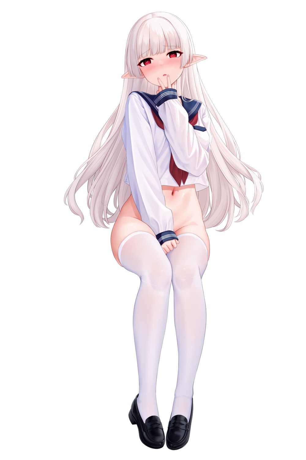 allenes nopan pointy_ears seifuku thighhighs