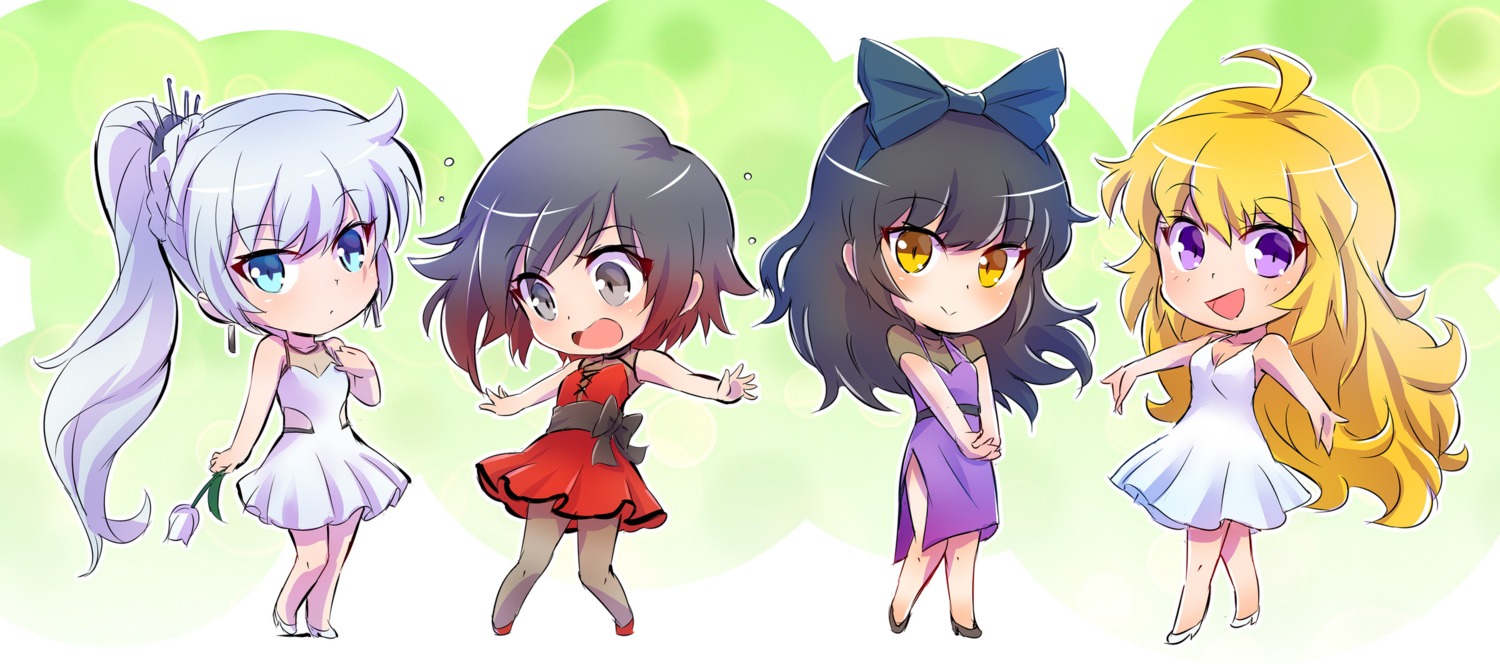 blake_belladonna chibi cleavage dress heels iesupa pantyhose ruby_rose rwby weiss_schnee yang_xiao_long