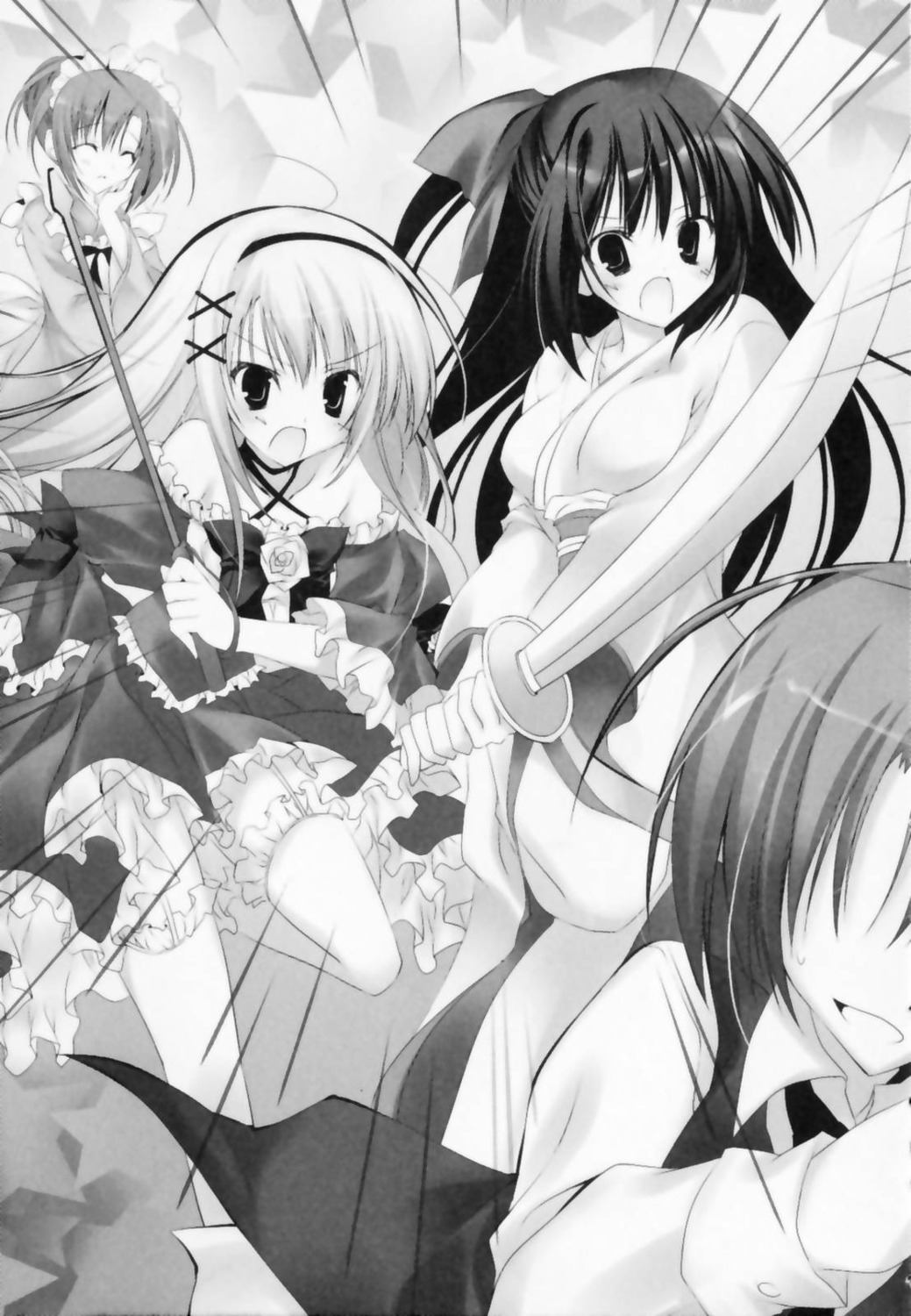 dress inugami_kira jpeg_artifacts kimono lolita_fashion maid monochrome ojou-sama_shimai_no_meirei_desu stockings sword thighhighs