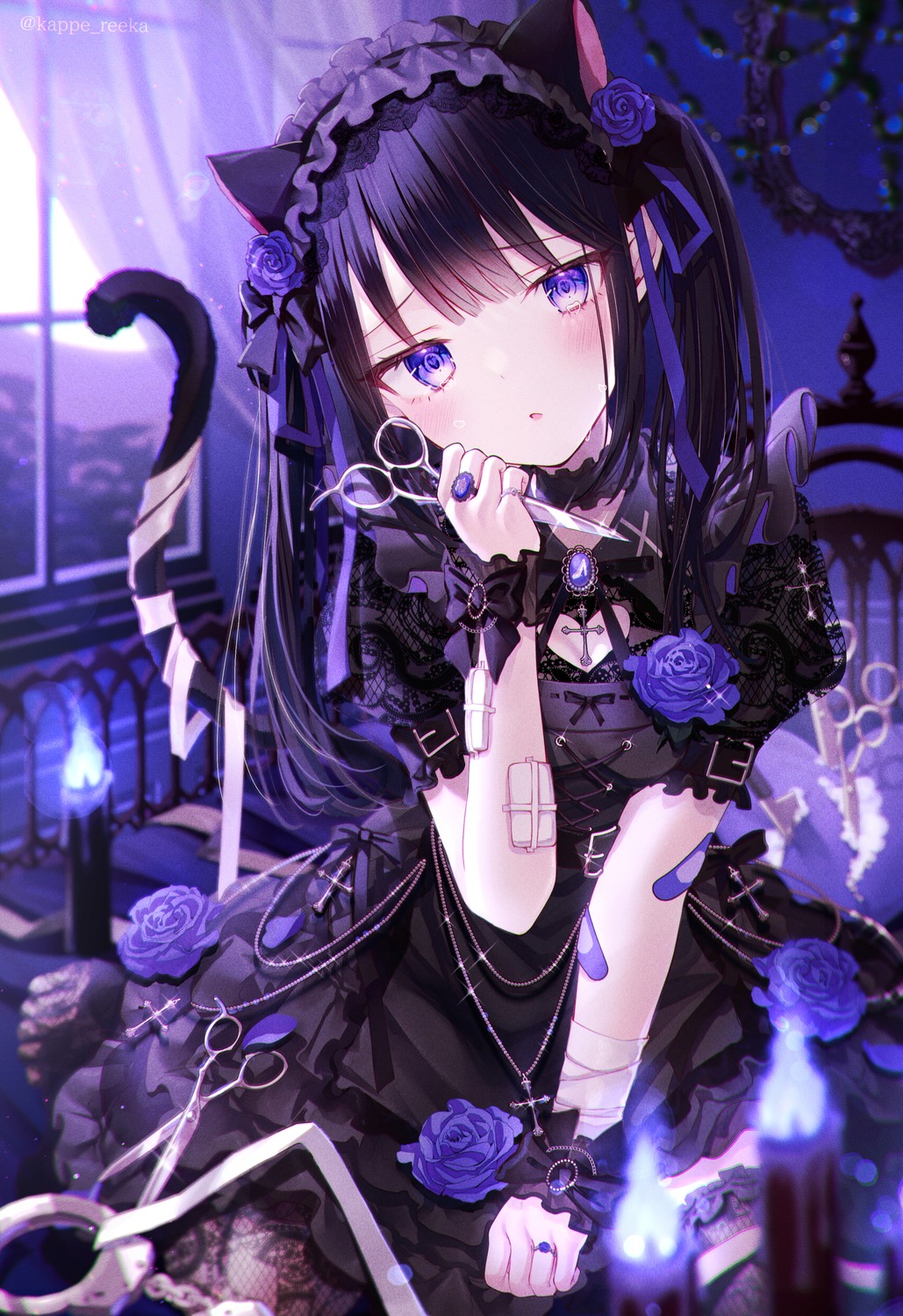 animal_ears bandages bandaid dress fishnets gothic_lolita lolita_fashion nekomimi reekaruru tail thighhighs