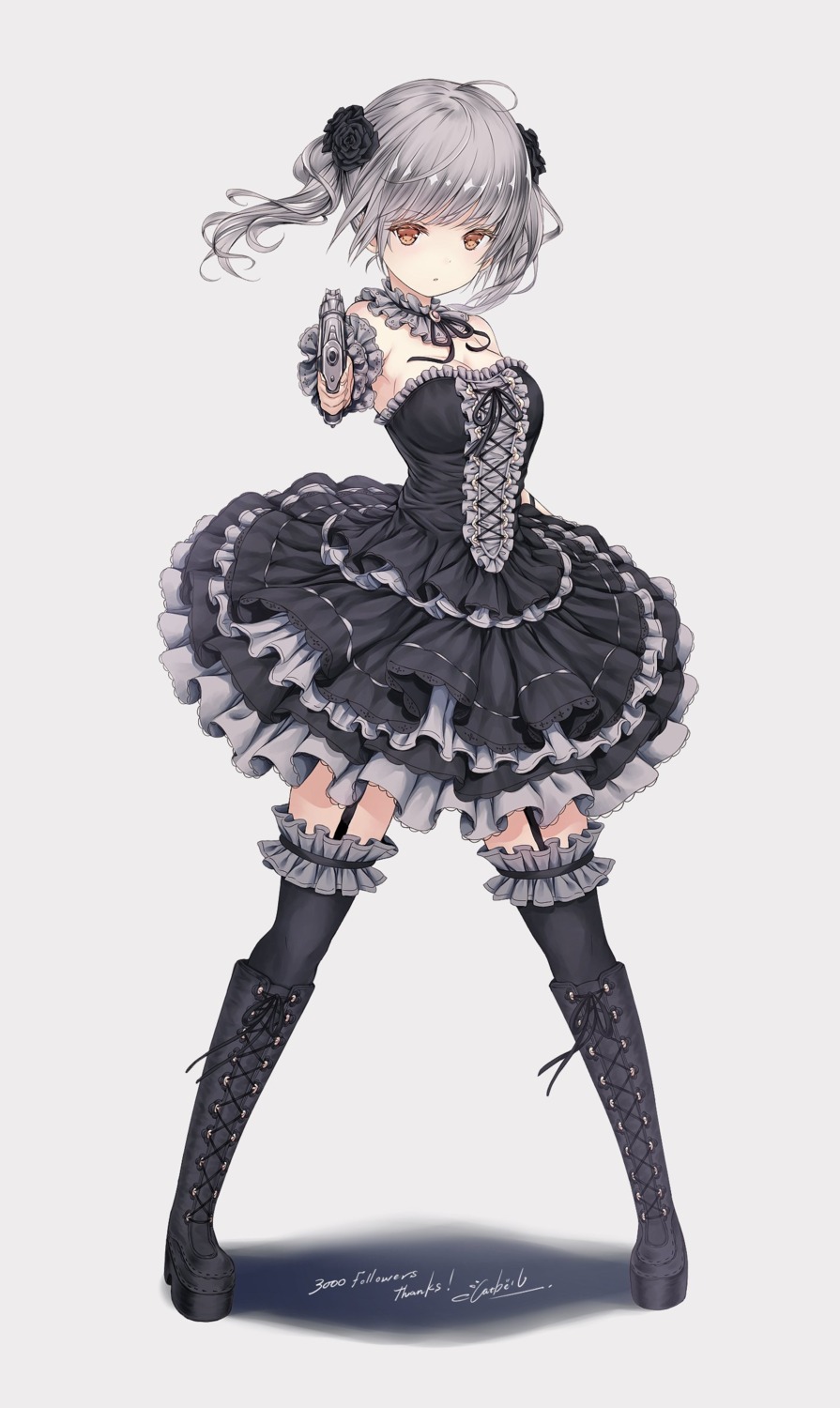 catbell cleavage dress gothic_lolita gun heels lolita_fashion stockings thighhighs