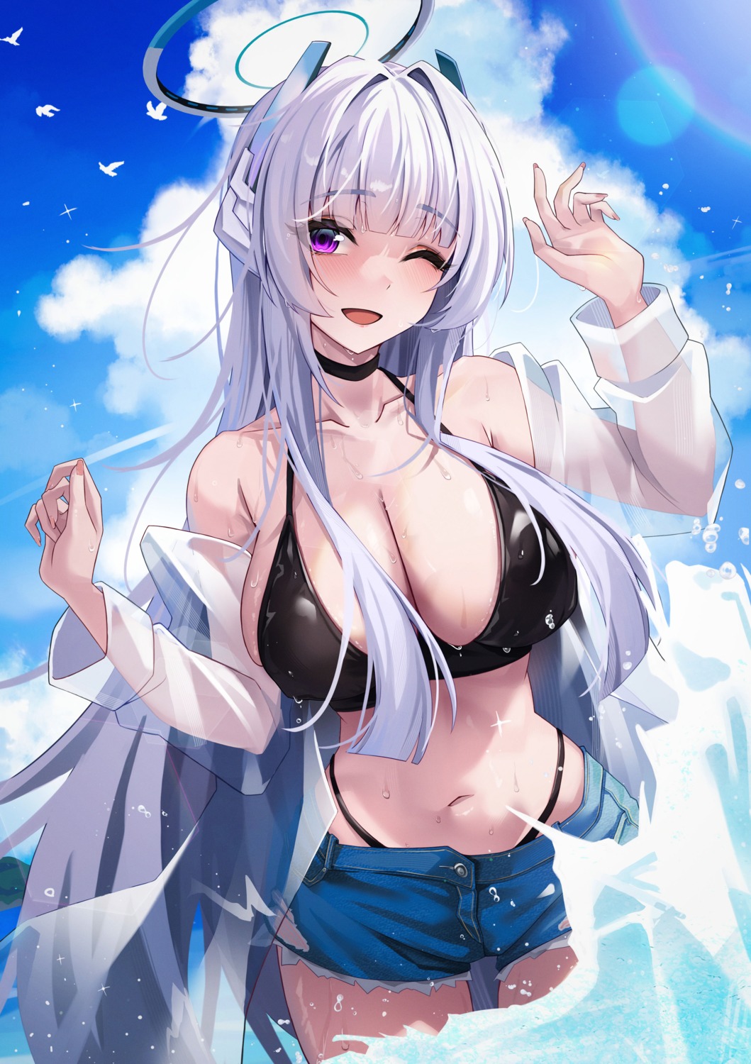 bikini blue_archive halo hidel open_shirt see_through swimsuits ushio_noa wet