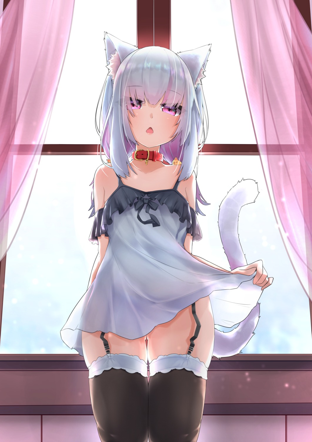 animal_ears dress nekomimi see_through skirt_lift stockings tagme tail thighhighs