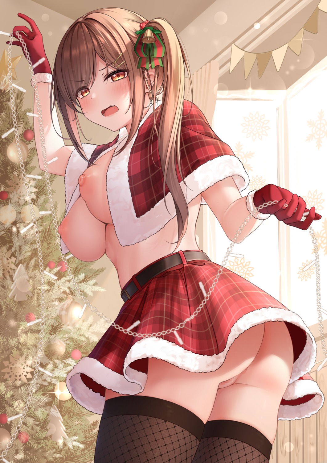 ass breasts censored christmas fishnets monaka_curl nipples no_bra nopan pussy skirt_lift thighhighs