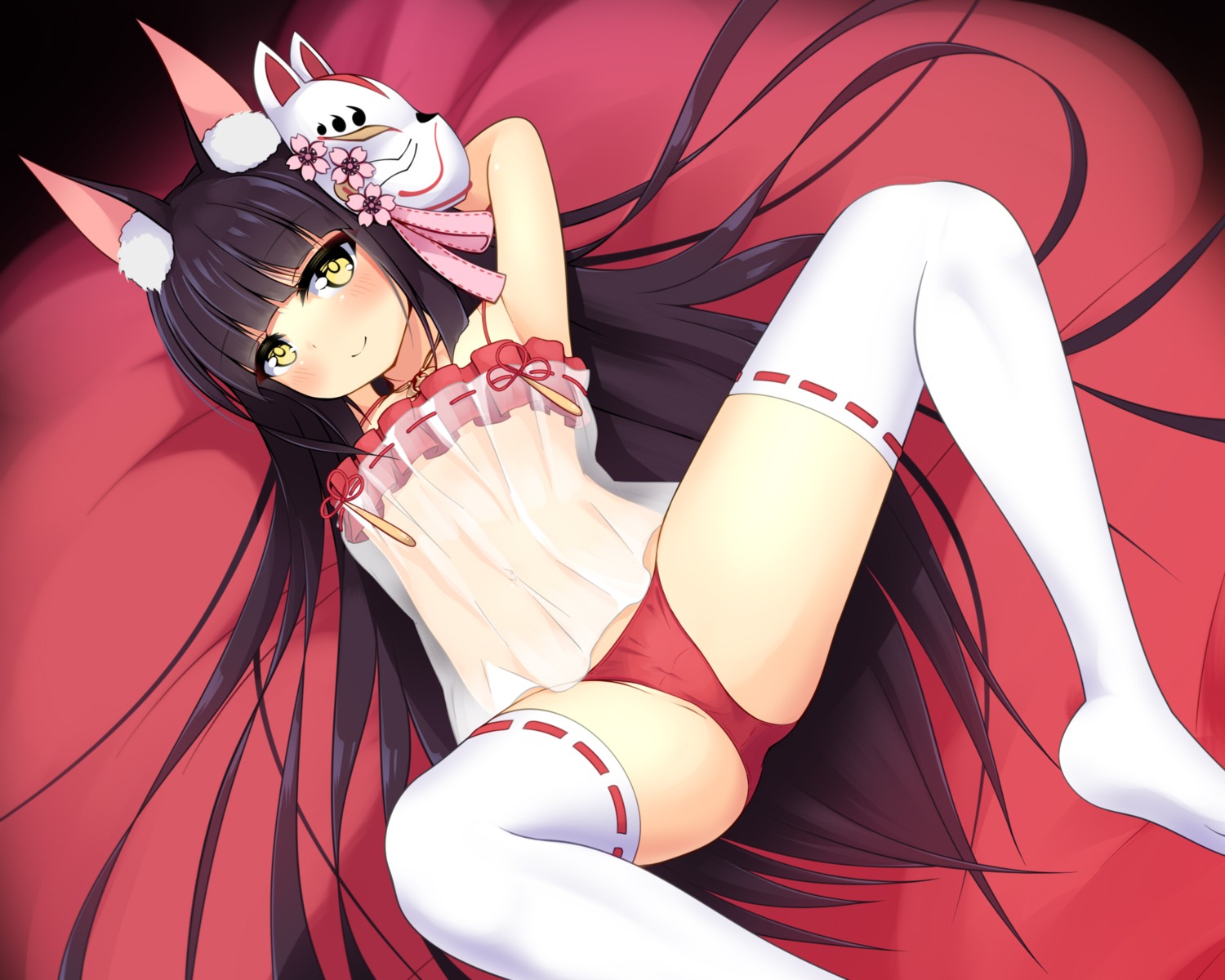 animal_ears azur_lane kitsune lingerie loli nagato_(azur_lane) pantsu see_through thighhighs whether