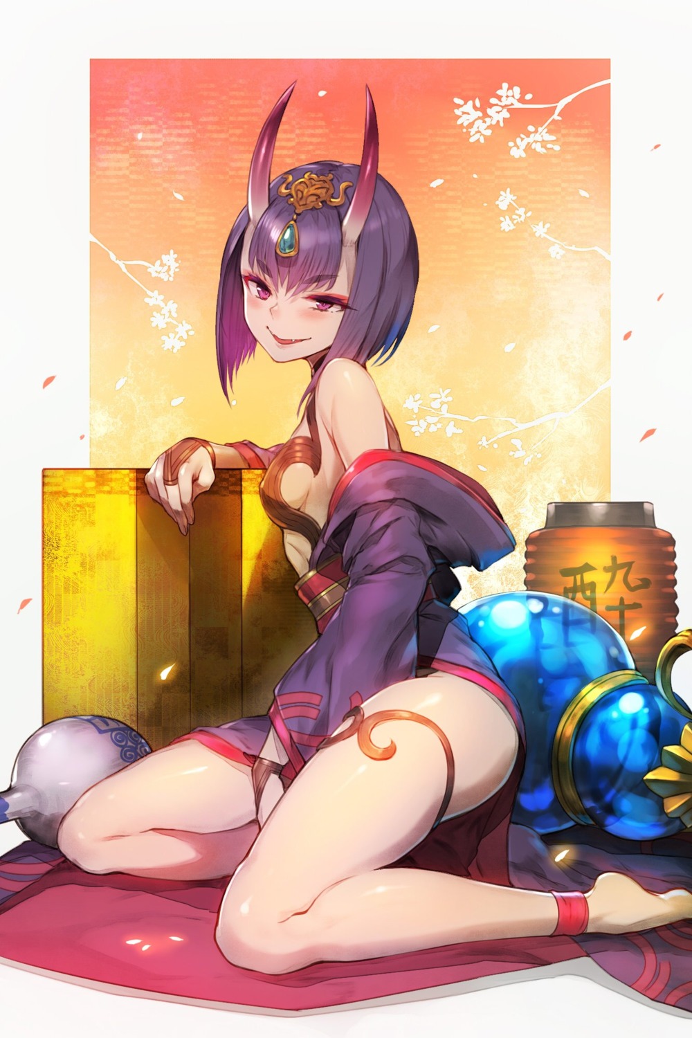 fate/grand_order garter horns japanese_clothes kakage open_shirt shuten_douji_(fate/grand_order)