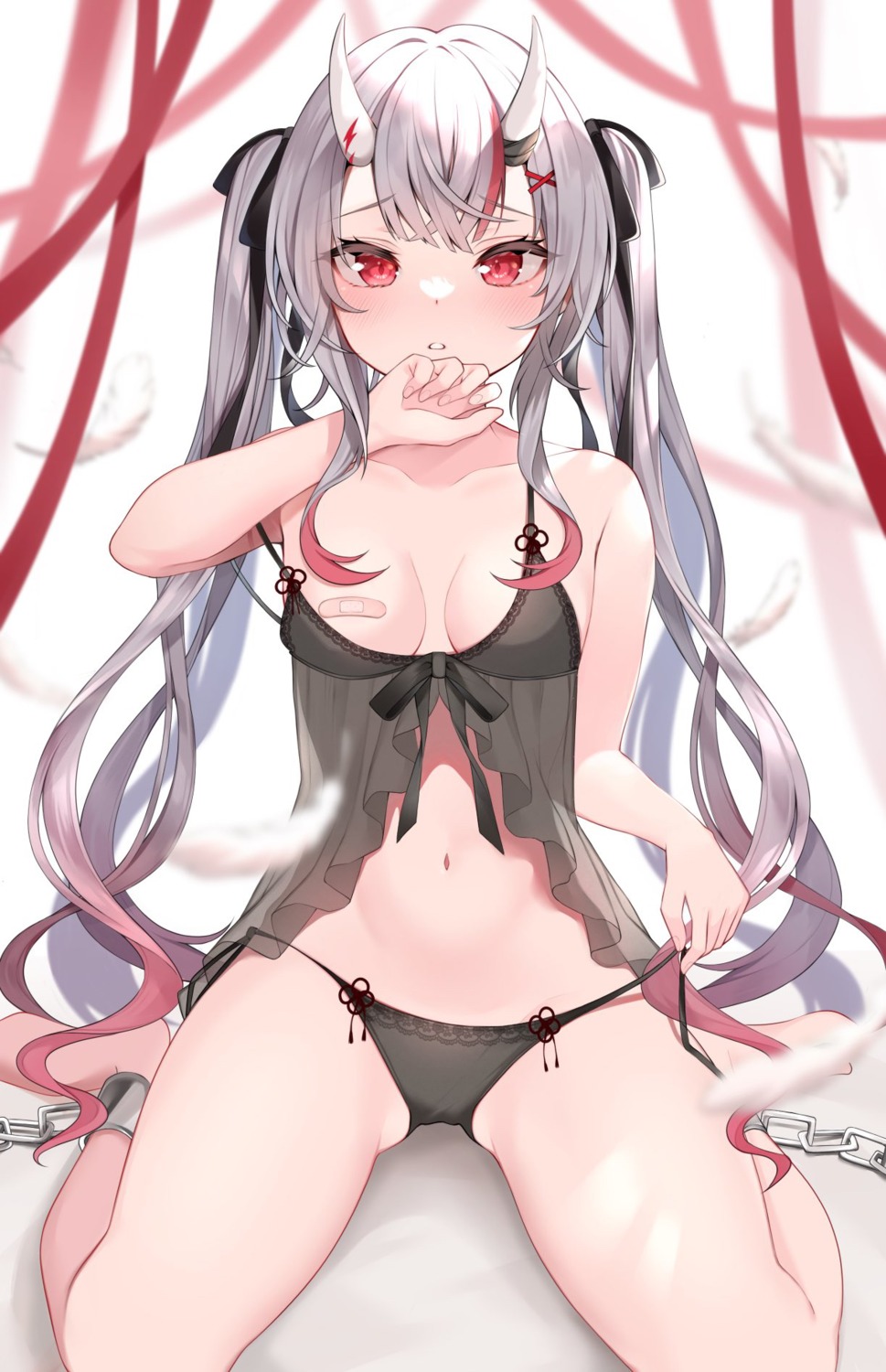 bandaid bondage breasts hololive horns lingerie minase_rei nakiri_ayame no_bra pantsu pasties see_through string_panties undressing