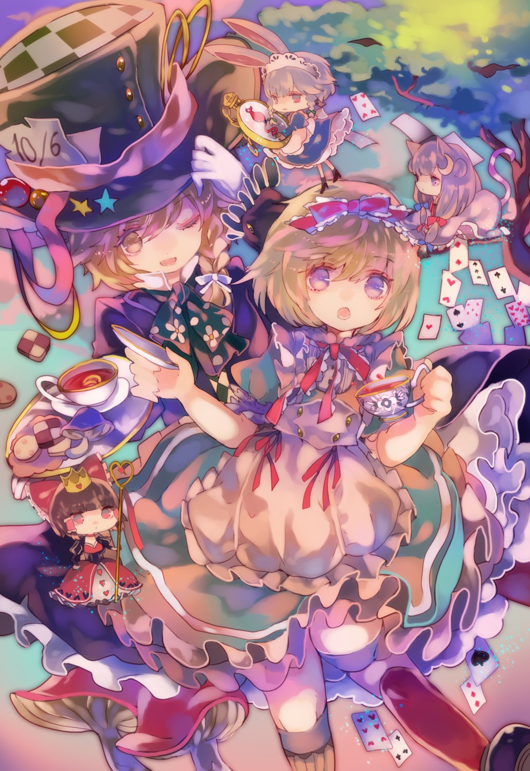 alice_in_wonderland alice_margatroid animal_ears bunny_ears cha_goma chibi dress hakurei_reimu heels izayoi_sakuya kirisame_marisa maid patchouli_knowledge tail touhou