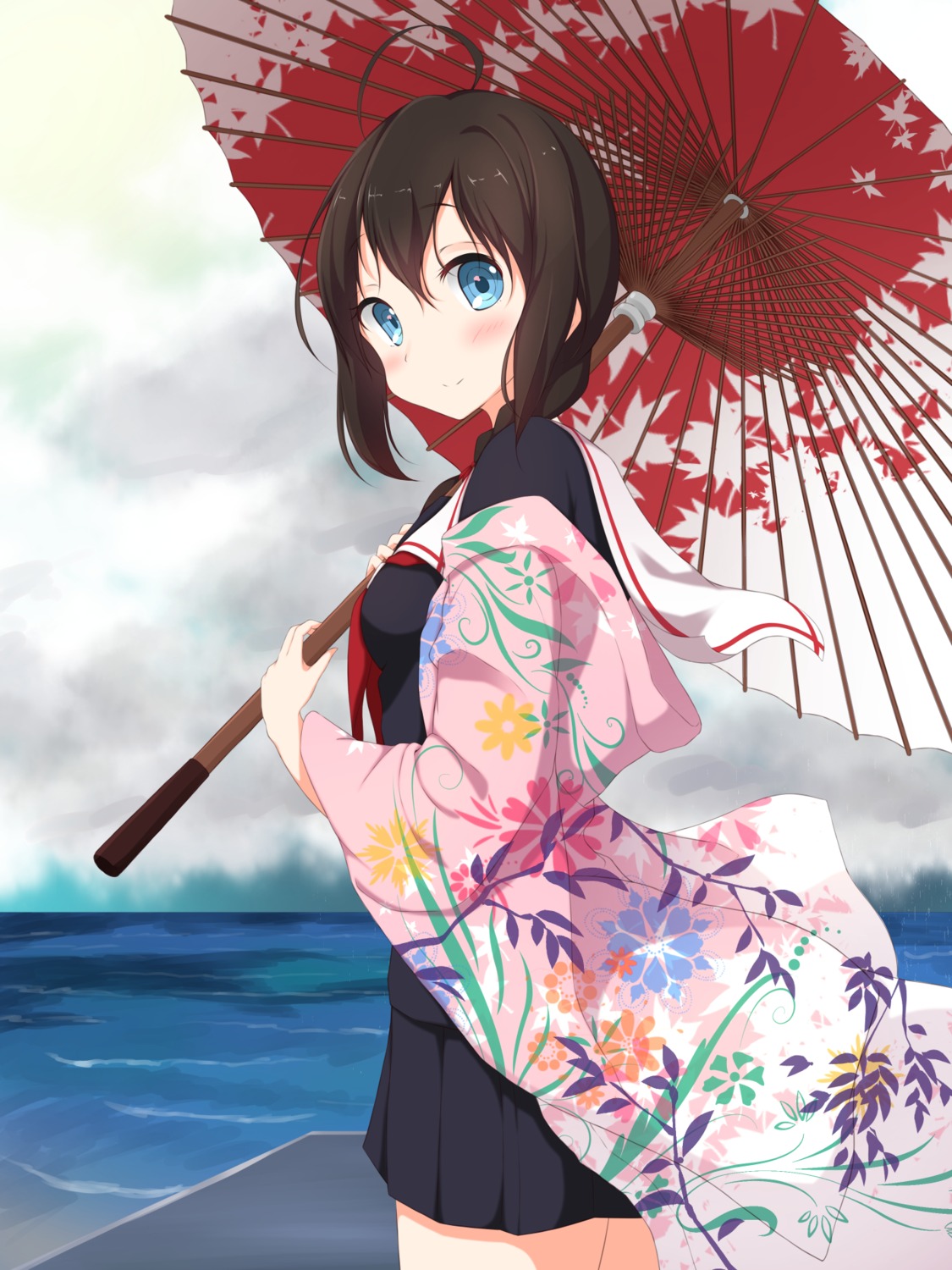 kantai_collection kimono numpopo seifuku shigure_(kancolle) umbrella undressing