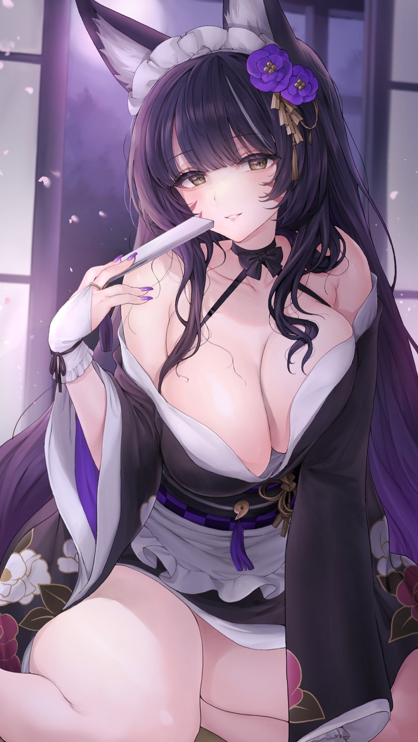 animal_ears azur_lane japanese_clothes kitsune musashi_(azur_lane) no_bra open_shirt wardrobe_malfunction ygcn