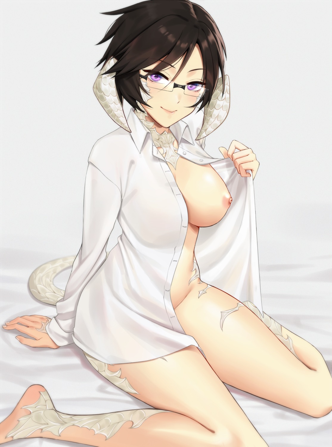 au_ra bottomless breasts dress_shirt final_fantasy final_fantasy_xiv horns megane nipples no_bra open_shirt reiji-rj tail undressing